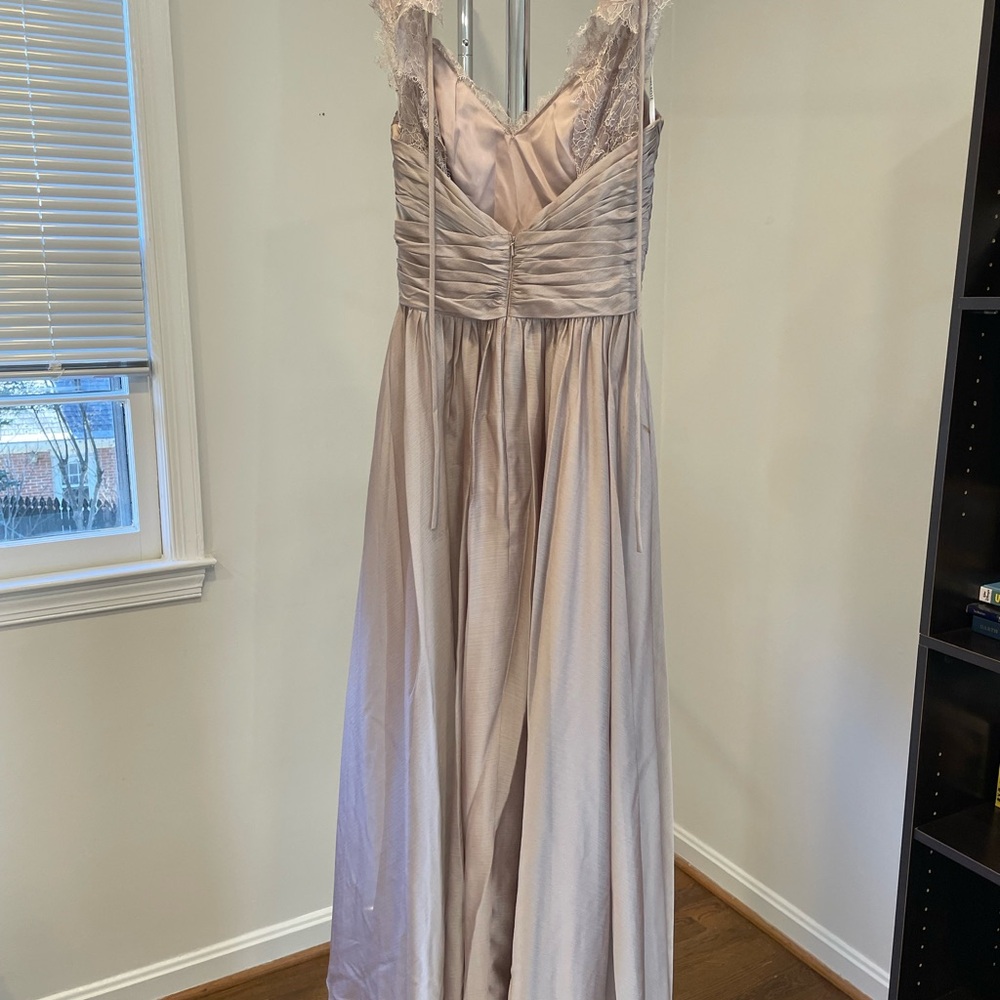 Belsoie Sleeveless Chiffon and Lace Prom Dress in Taupe/ Soft Beige - Picture 2 of 3